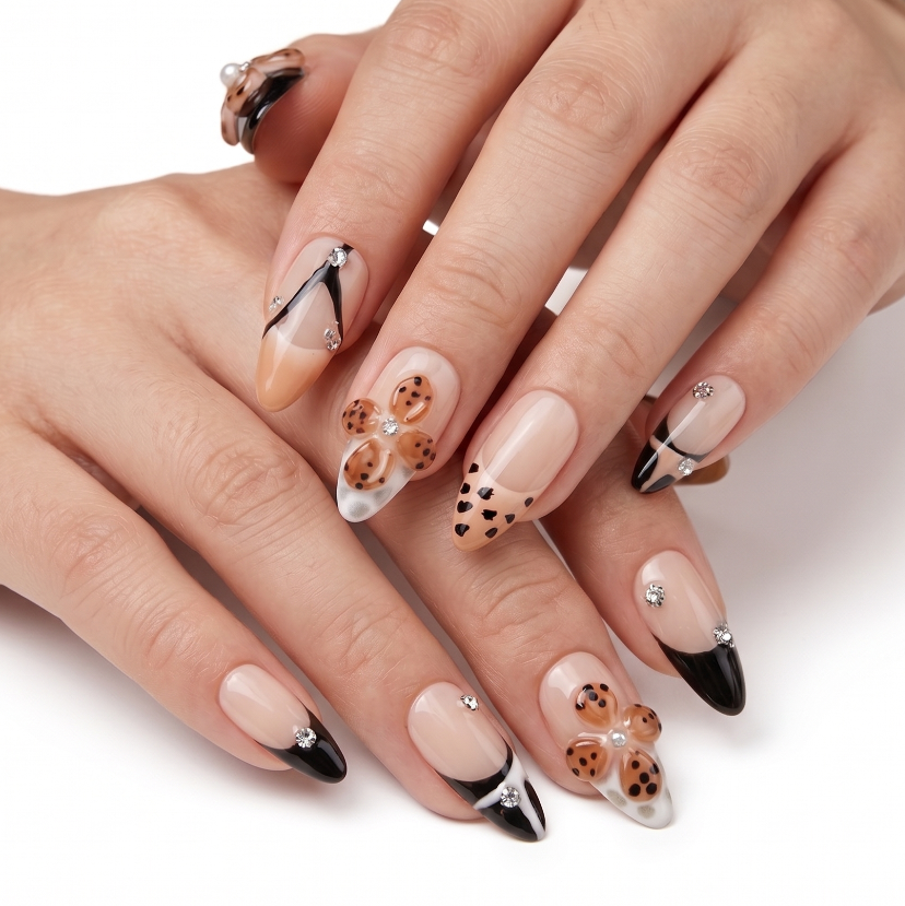 Close-up of a hand with stylish nail art on a white background