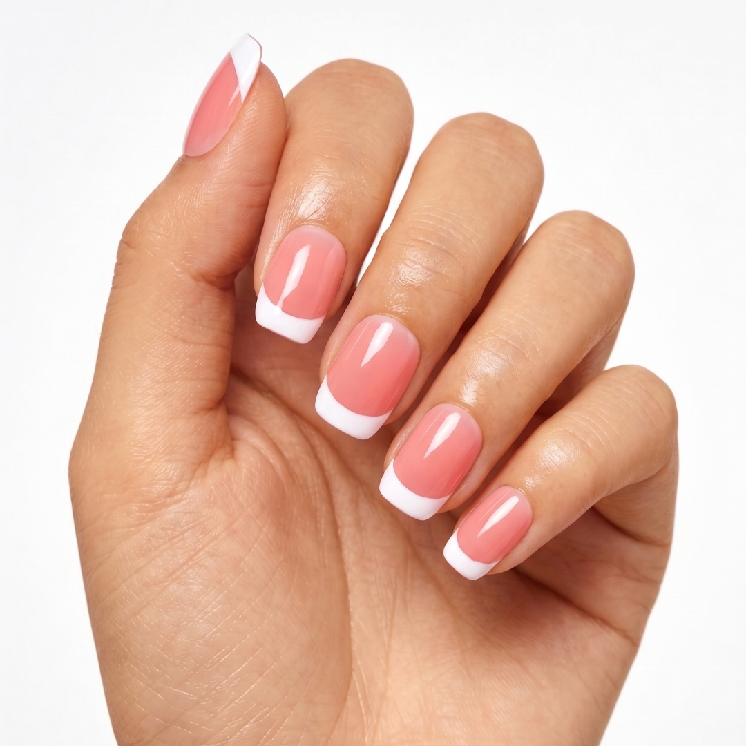 Hand with pink and white nail polish on a light background