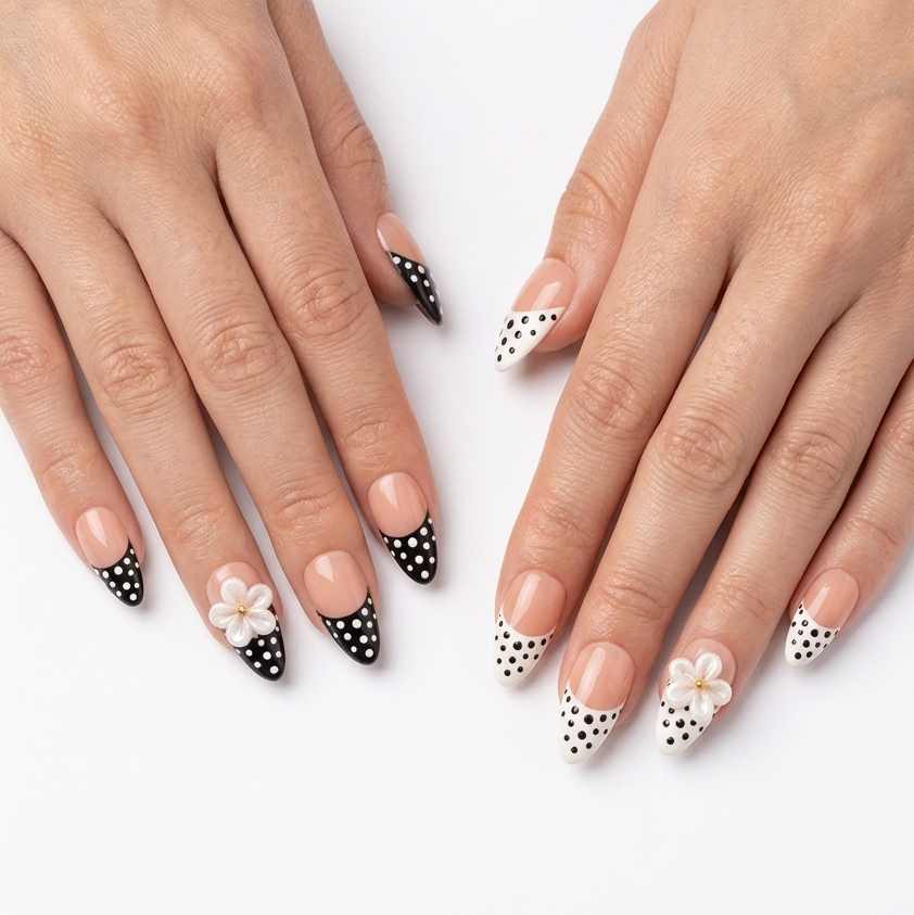 Close-up of hands with decorative nail art on a white background