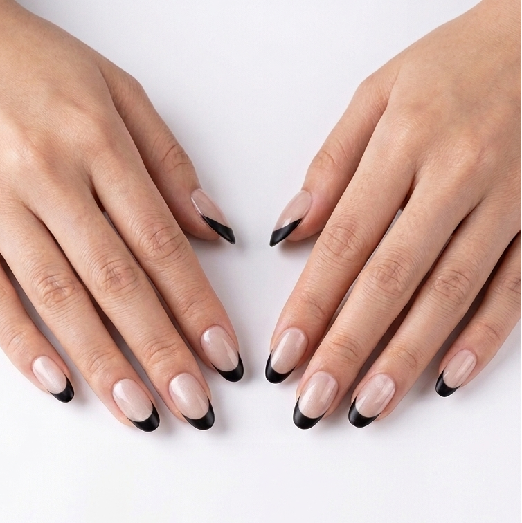Close-up of two hands with black and white nail polish on a white background