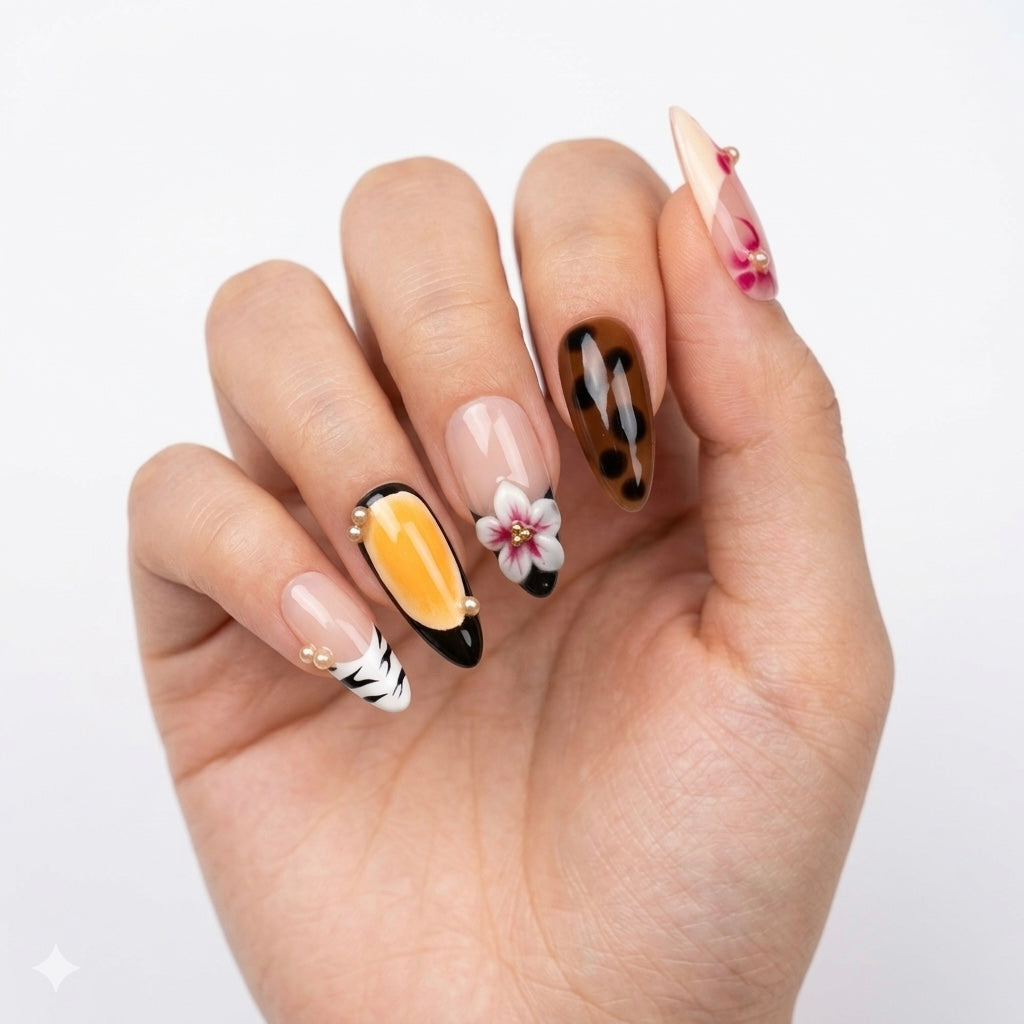 Hand with intricately designed nails featuring flowers and abstract patterns on a white background