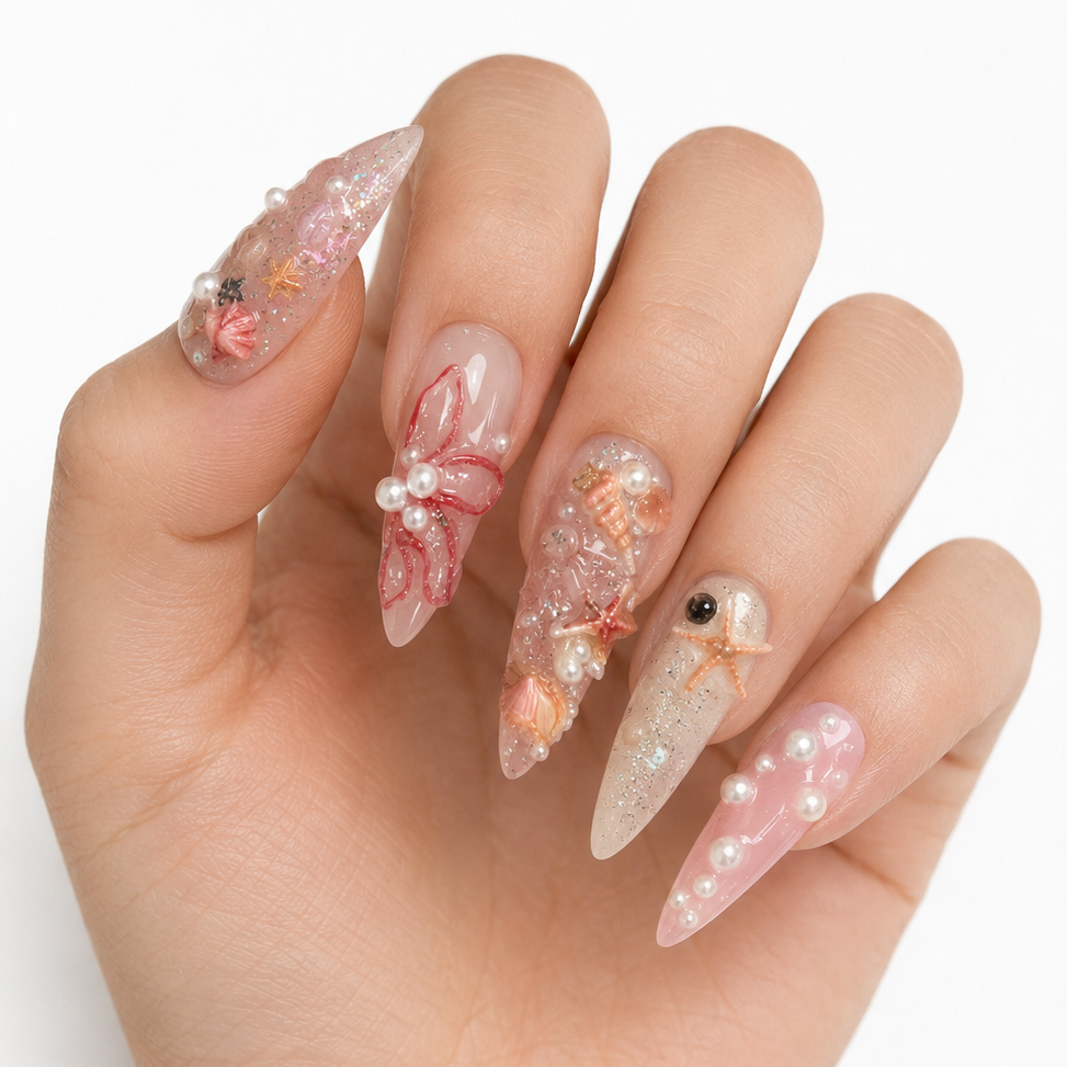 Hand with decorative acrylic nails on a white background