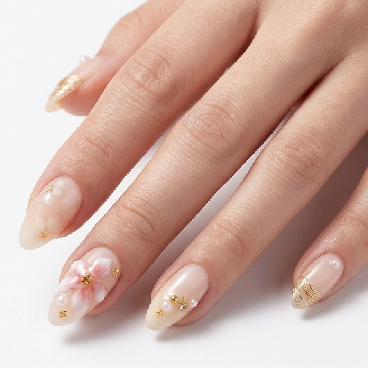 Close-up of a hand with decorative nail art on a white background