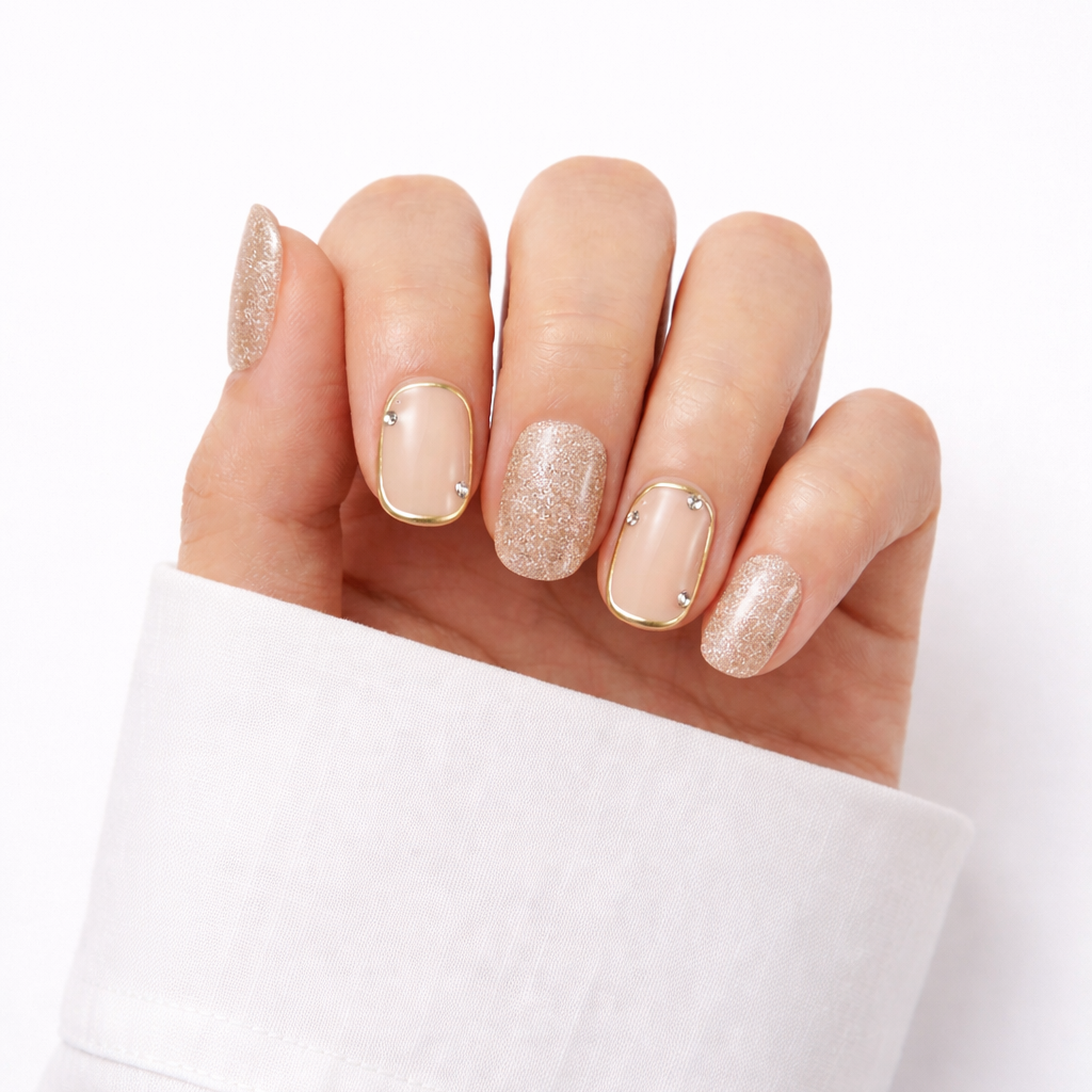 Hand with beige nail polish and glittery accents on a white background