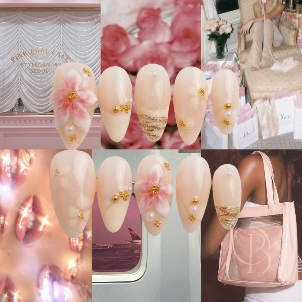 Collage of pink-themed products including nail art, a bag, and decor elements.