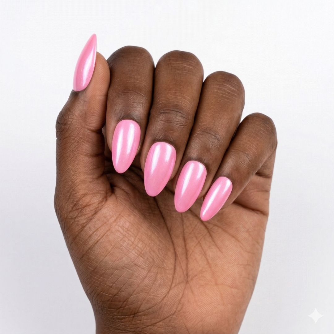 Hand with pink nail polish on a white background