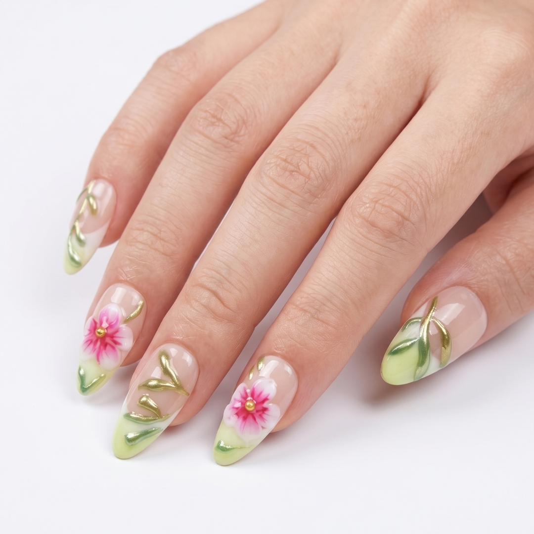 Hand with floral nail art on a white background