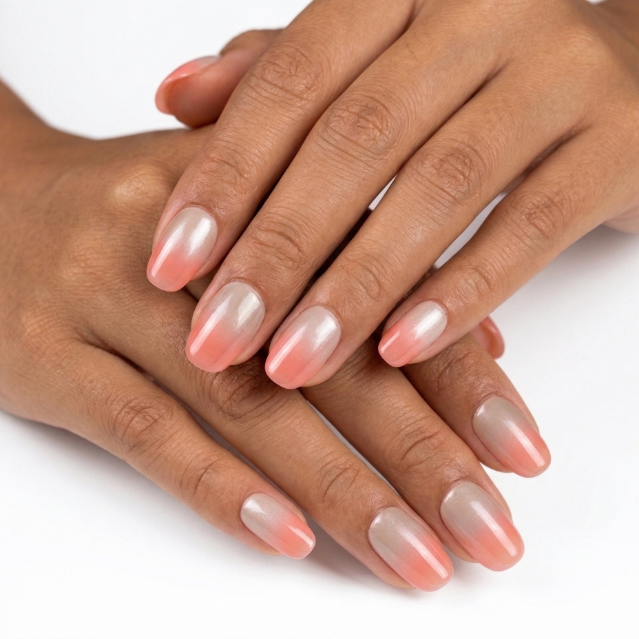 Close-up of hands with pink and white nail polish on a white background