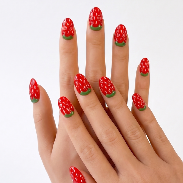 Nails with strawberry design on a white background
