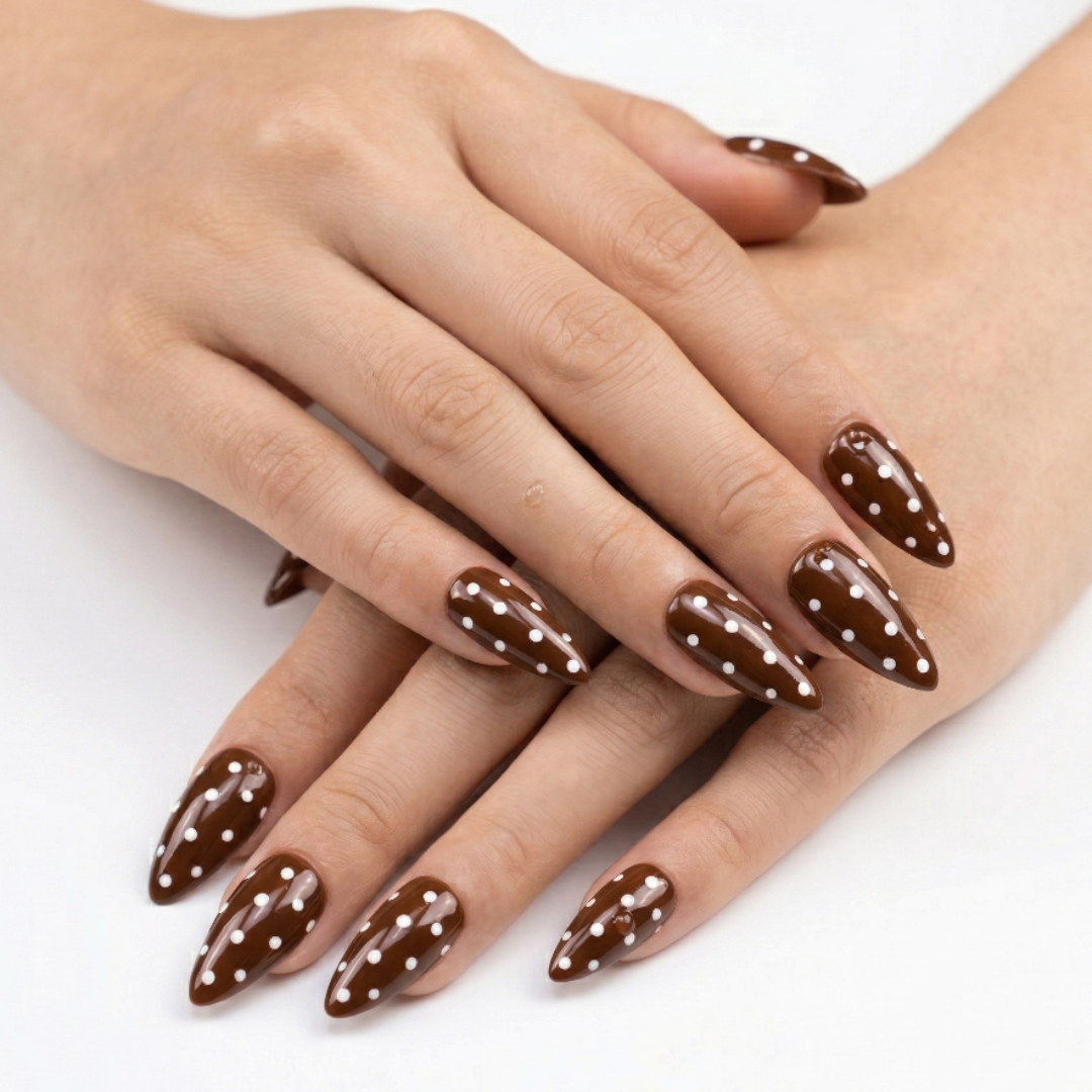 Close-up of hands with brown nail polish on a white background